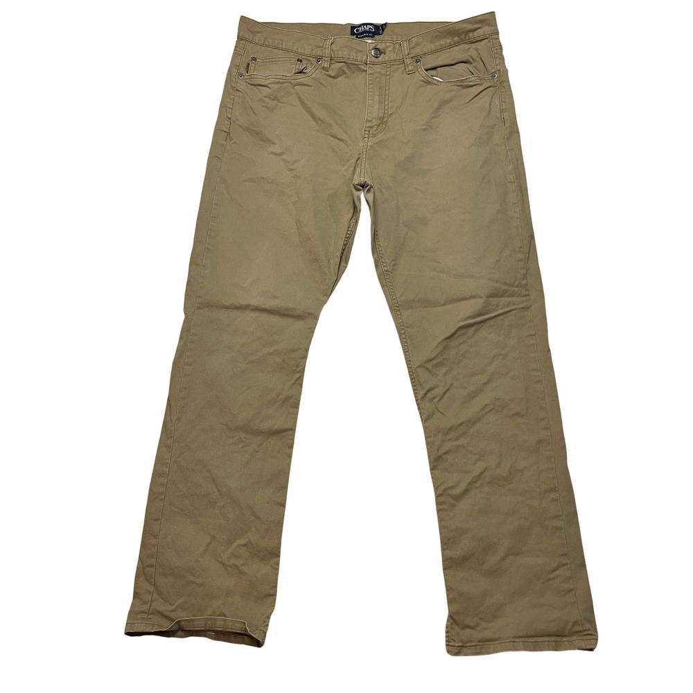 Chaps Pants Mens 36x32 Brown Straight Fit Chino Khaki Cotton Stretch 5-Pocket